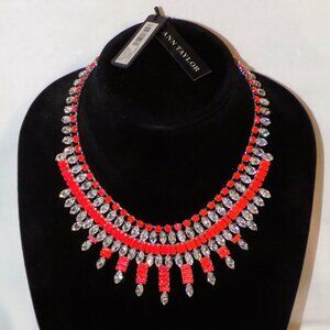 New $148 Ann Taylor Pronged Crystal & Neon Pink Statement Bling Collar Necklace